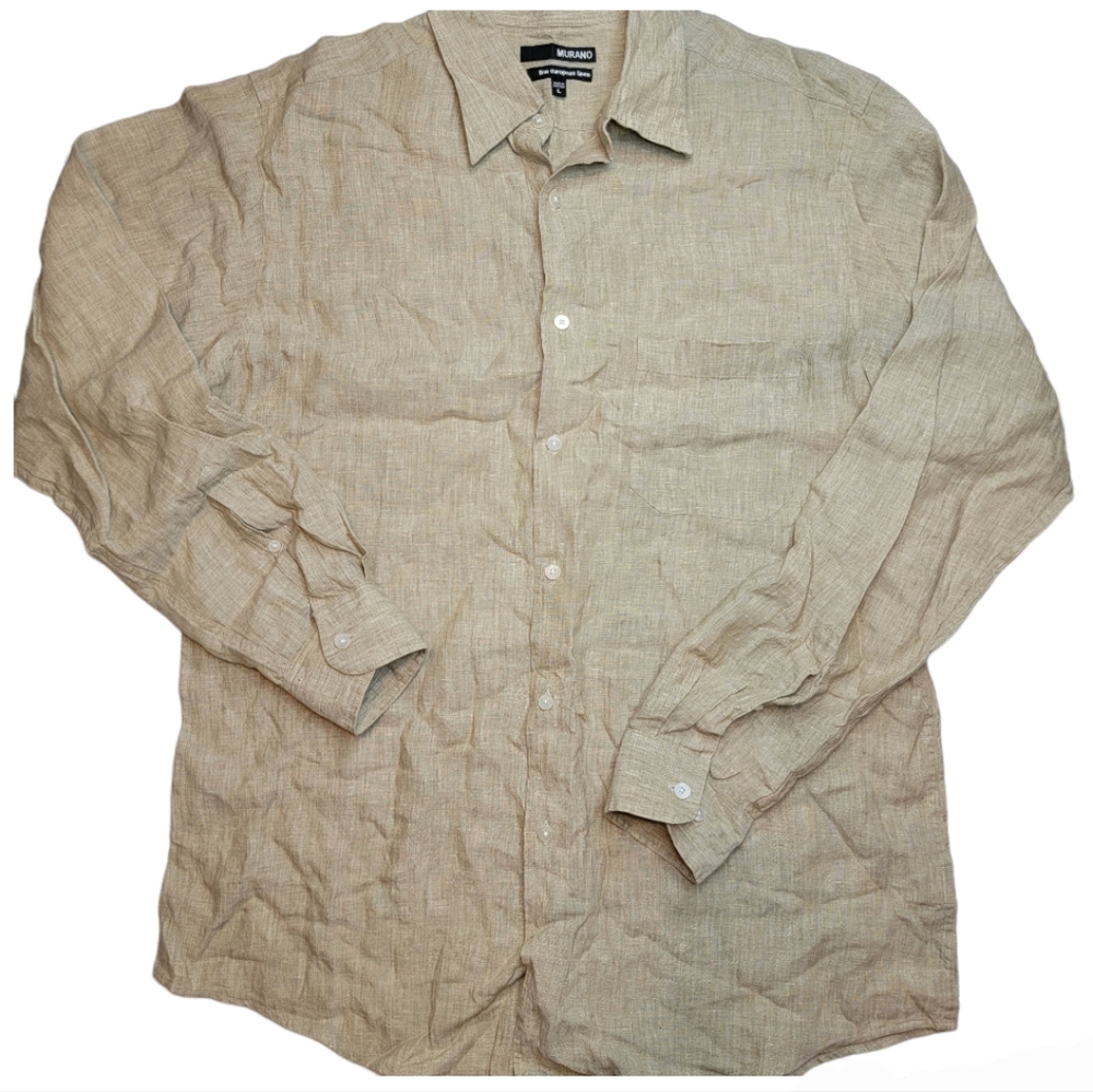 Murano Fine European 100% Linen Button Down Shirt, Tan, EUC, size Large